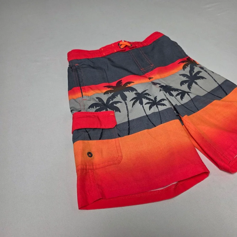 Wonder Nation‎ Swim Trunks Boys L 10-12 Red Orange Palm Tree Ombre Board Shorts